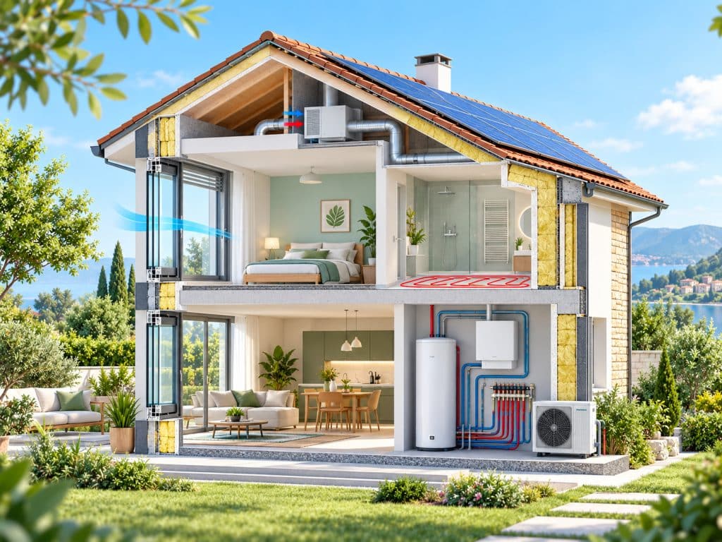 Sezione di una casa con isolamento, impianti e sistemi che incidono sulla prestazione energetica