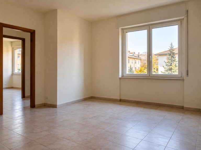 Interno di un appartamento vuoto con finestra e pareti prive di radiatori.