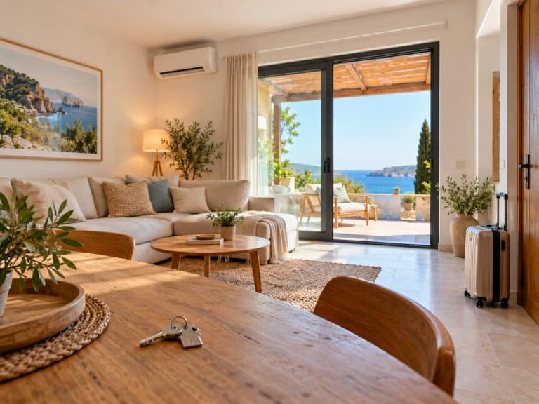 Soggiorno di una casa vacanza con terrazza vista mare, climatizzatore e chiavi sul tavolo.